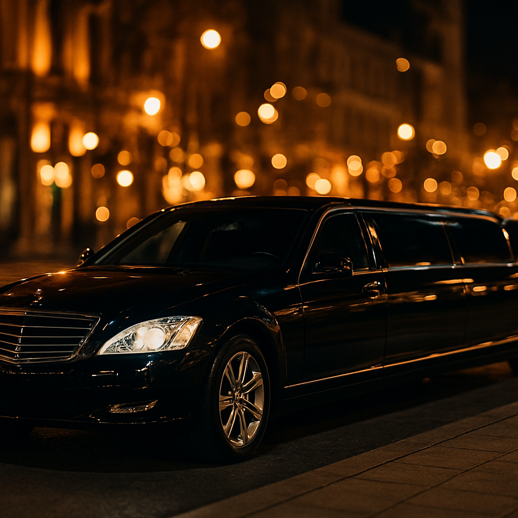 Black luxury stretch limousine on a city street at night
