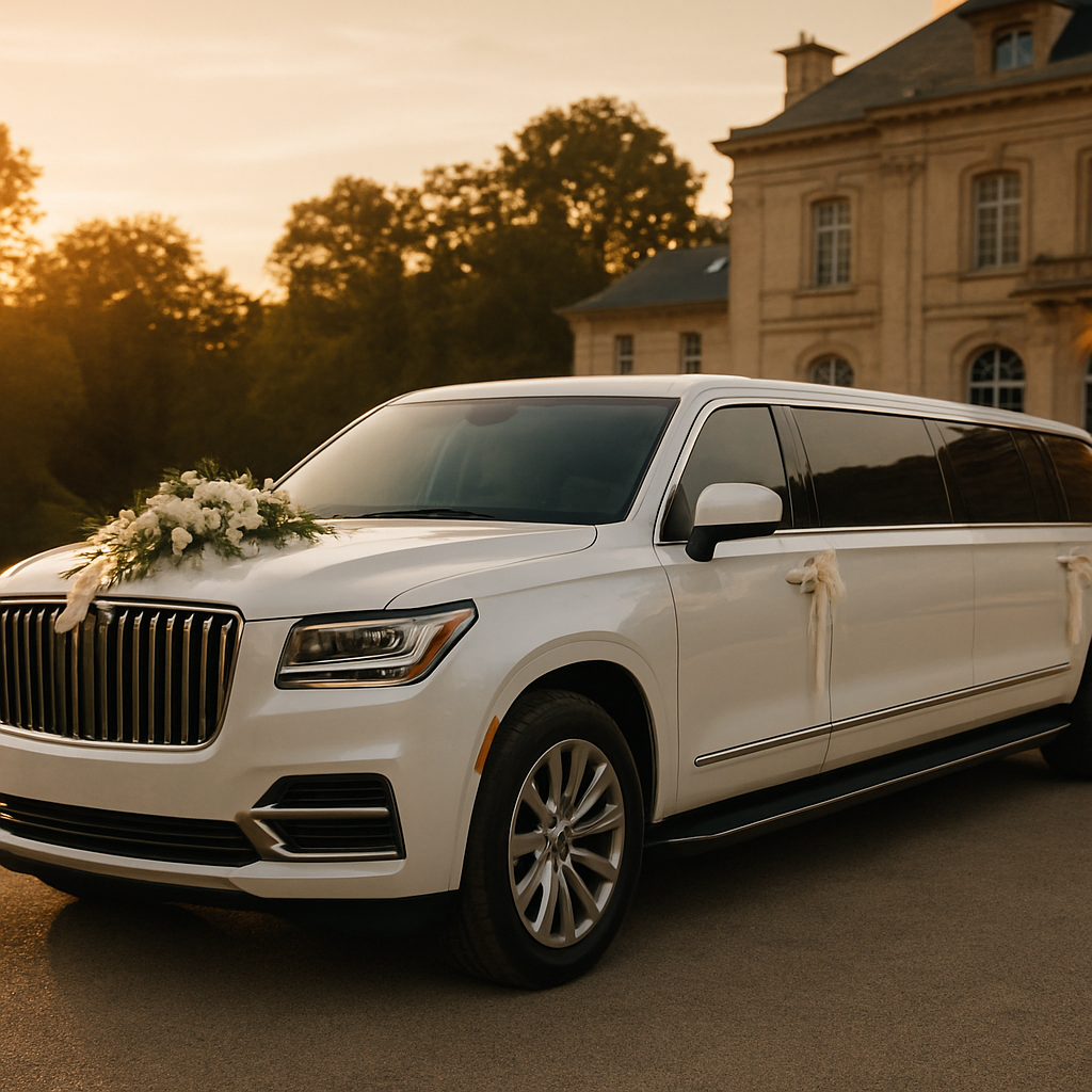 White luxury limousine decorated for a wedding at golden hour